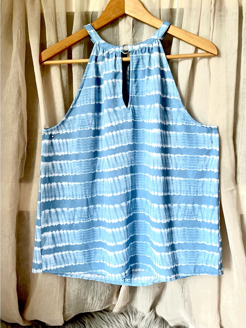 Michael Kors Blue and White Tie-Dye Halter Top with Ring Detail